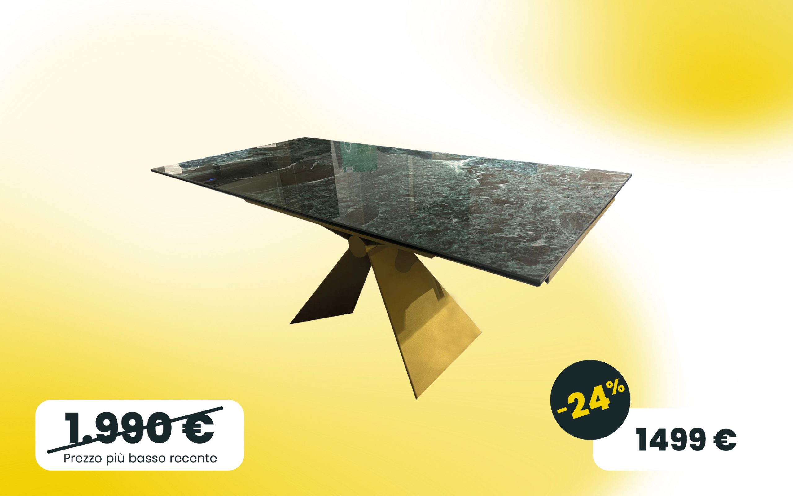 Tavolo Sintesi allungabile con piano in gres lucido e struttura in metallo verniciato ottone